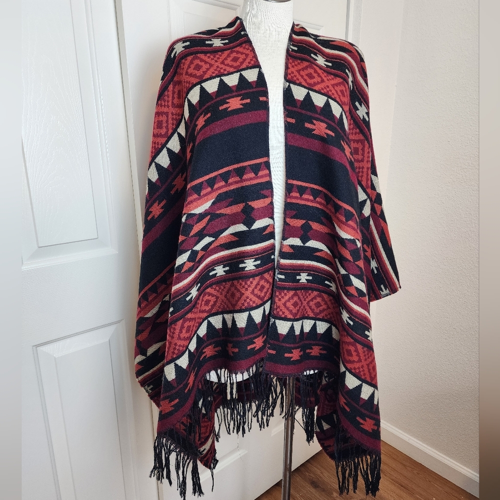 Angie Tribal Patterned Burgundy & Black Open Front Women's Poncho with Fringe